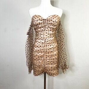 MAJORELLE Secrets Polka Dot Mesh Ruched Off Shoulder Mini Dress Strapless Size S